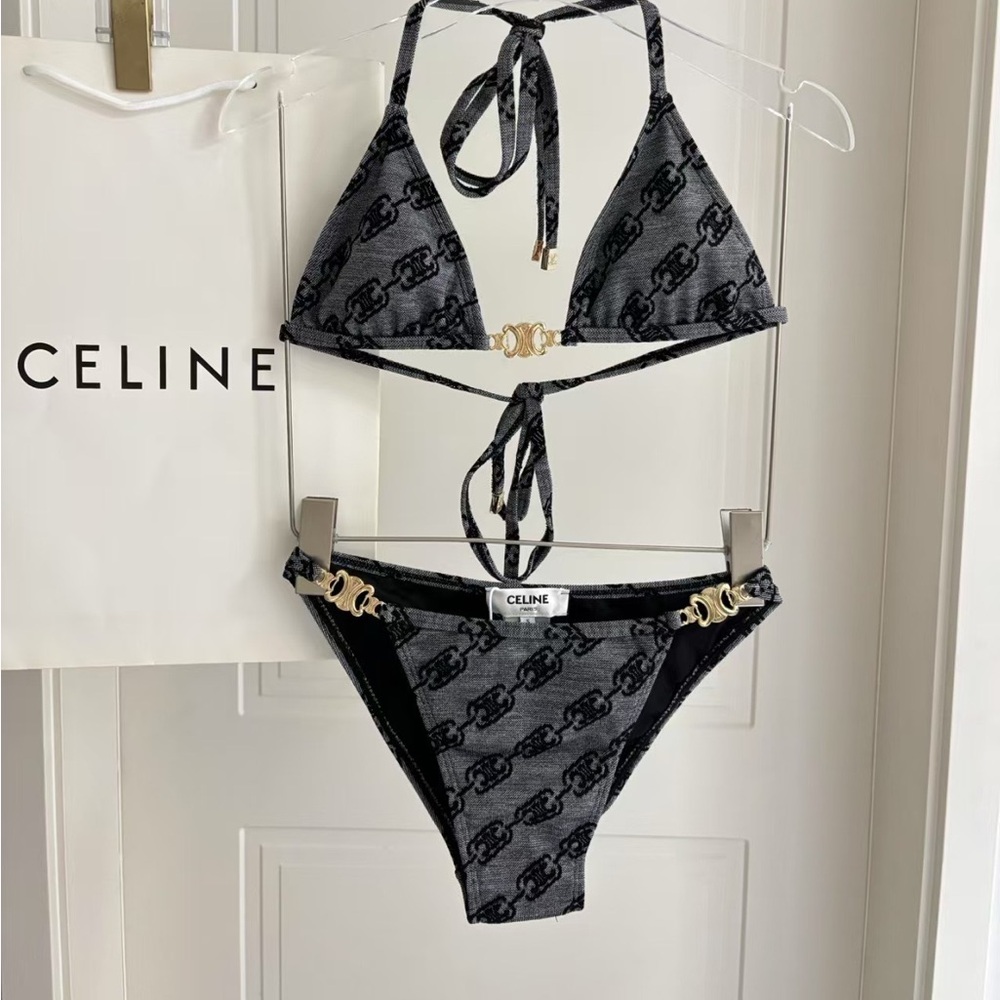 Celine Black Logo Triangle Bikini Set